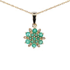 Zambian Emerald Flower Pendant With Diamonds 0.68 Carats 14K Yellow Gold