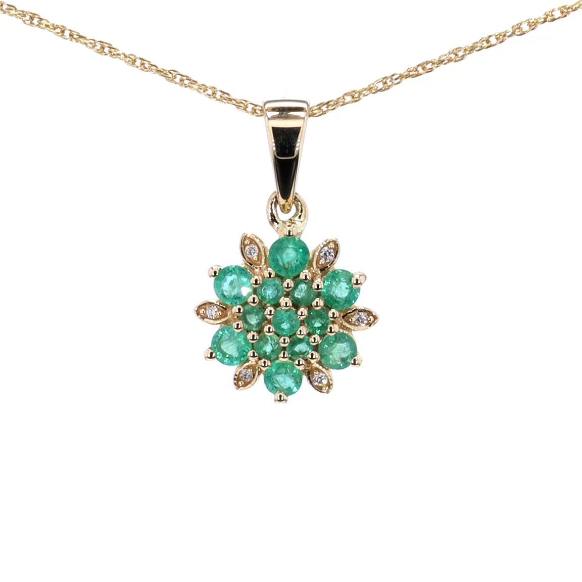 Zambian Emerald Flower Pendant With Diamonds 0.68 Carats 14K Yellow Gold