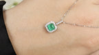 Emerald Pendant Necklace Diamond Halo 1.2 Carats 14K White Gold