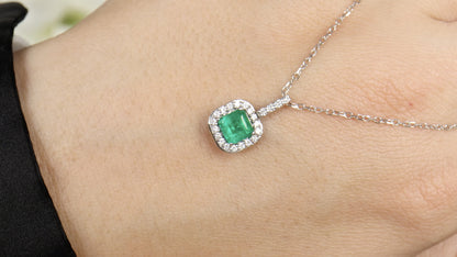 Emerald Pendant Necklace Diamond Halo 1.2 Carats 14K White Gold