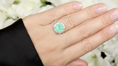 IGI Certified Mint Green Emerald Ring Diamond Halo 3.27 Carats 18K White Gold