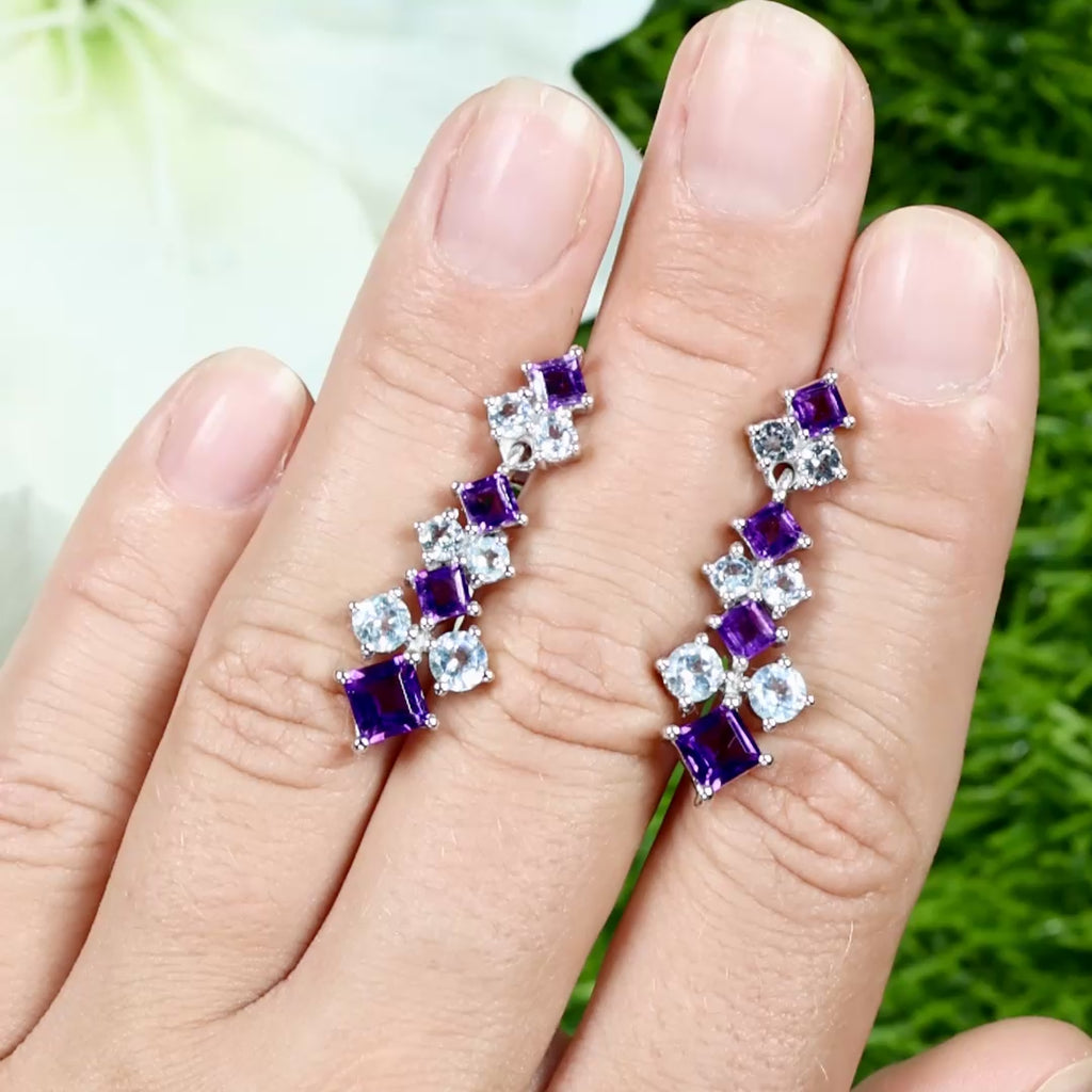 Amethyst Earrings With Blue Topaz 4.86 Carats Sterling Silver