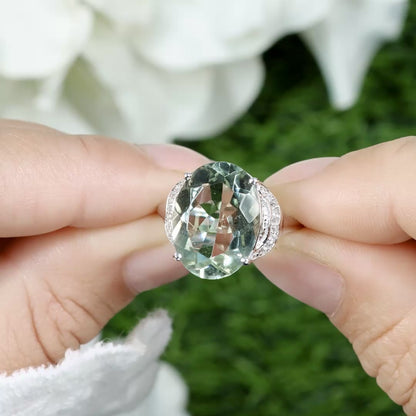 Green Amethyst Ring White Topaz 7.95 Carats Sterling Silver