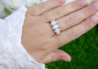 Natural Ethiopian Opal Ring Tanzanite and Diamond Setting 14K Yellow Gold