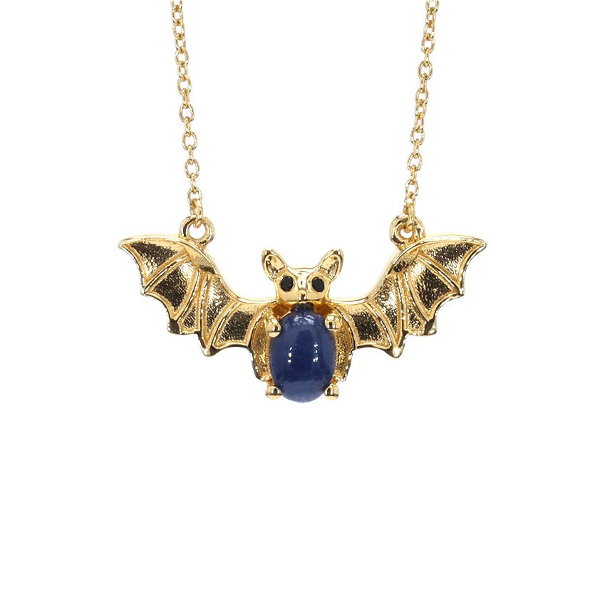 Blue Sapphire Bat Necklace With Black Spinel 1.16 Carats Gold Plated Silver