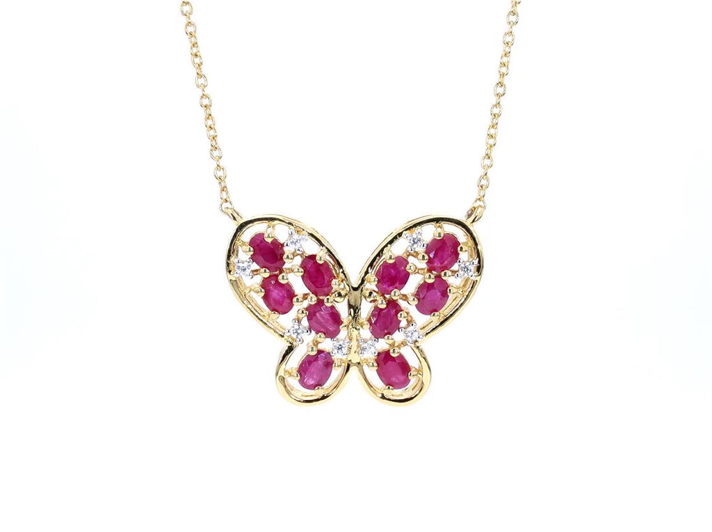 Ruby Butterfly Necklace With White Zircon 2.32 Carats Gold Plated Silver