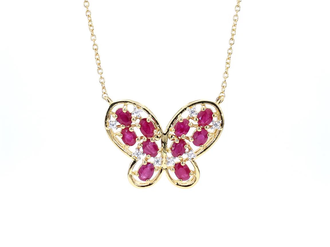 Ruby Butterfly Necklace With White Zircon 2.32 Carats Gold Plated Silver