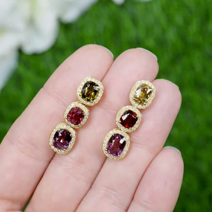 Rare Natural Multicolored Spinel Earrings Diamond Halo 8.50 Carats 18K Gold