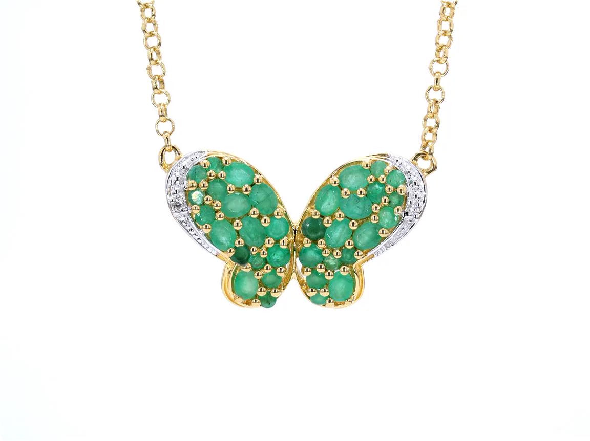 Emerald Butterfly Pendant With White Zircon 2.72 Carats Sterling Silver