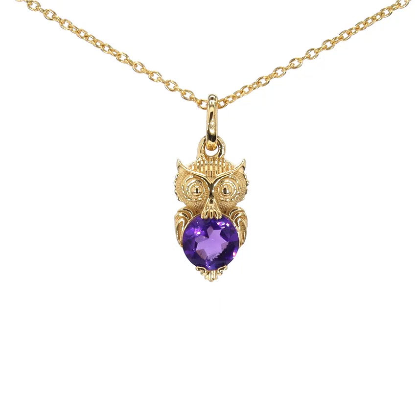Amethyst Owl Pendant 0.72 Carats Gold Plated Silver
