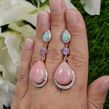 Pink Opal Dangle Earrings Amazonite Tanzanite 18K Rose Gold Plated Silver