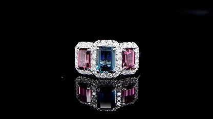 London Blue Topaz and Amethyst Three Stone Ring Diamond Setting 2.97 Carats 18K