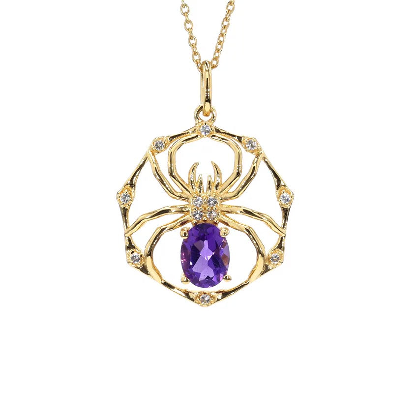 Amethyst Spider Pendant With White Topaz 1.2 Carats Gold Plated Silver