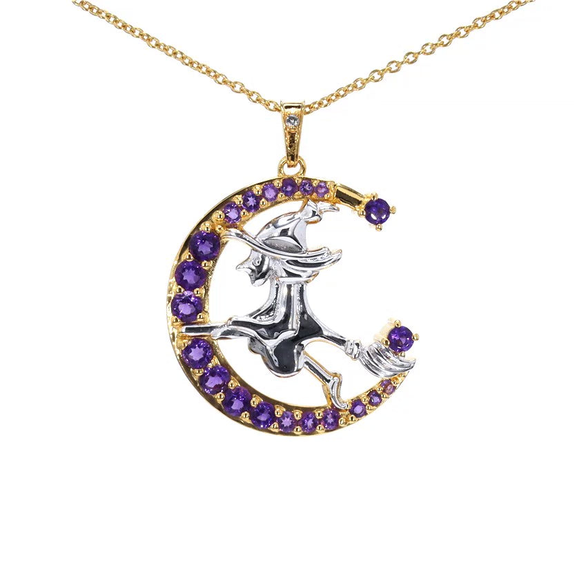 Amethyst Witch Pendant With White Topaz 0.96 Carats Gold Plated Silver
