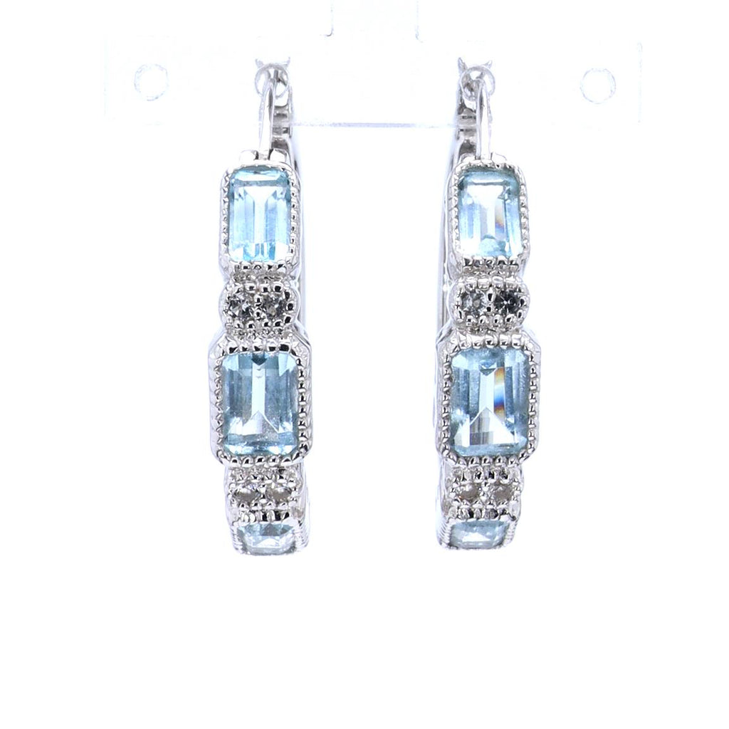 Blue Topaz Hoop Earrings With White Topaz 2.6 Carats Sterling Silver