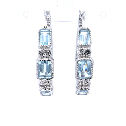 Blue Topaz Hoop Earrings With White Topaz 2.6 Carats Sterling Silver