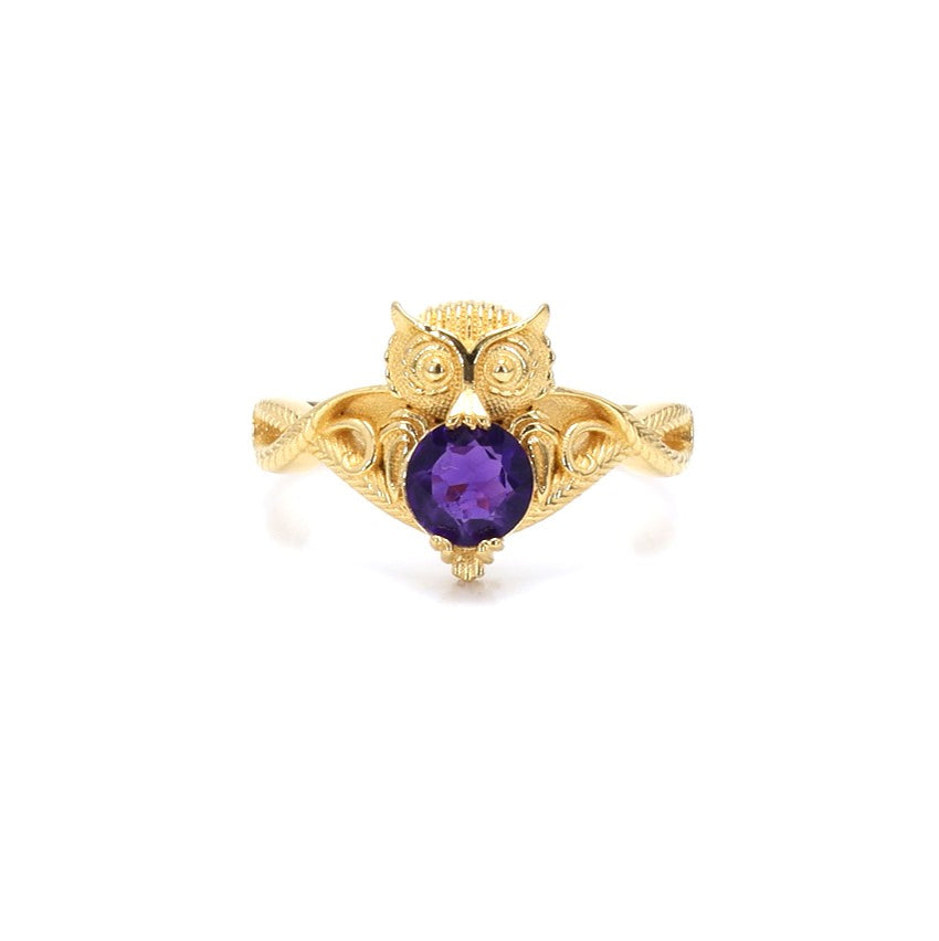 Amethyst Owl Ring 0.72 Carats Gold Plated Silver