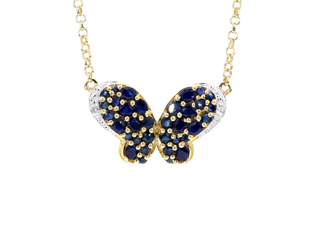 Blue Sapphire Butterfly Pendant White Zircon 3.76 Carats Gold Plated Silver