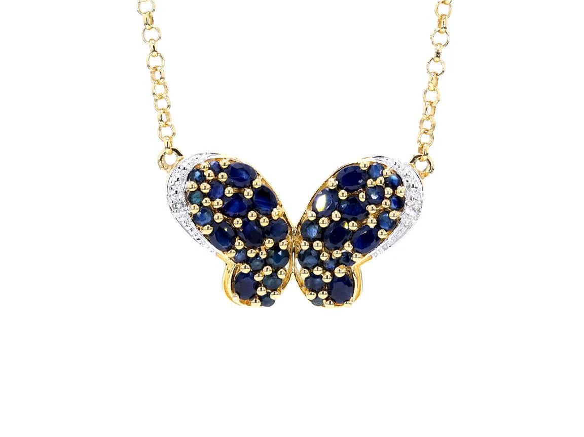 Blue Sapphire Butterfly Pendant White Zircon 3.76 Carats Gold Plated Silver