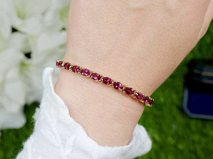 Natural Rhodolite Garnet Tennis Bracelet 15 Carats 24K Yellow Gold Plated Silver