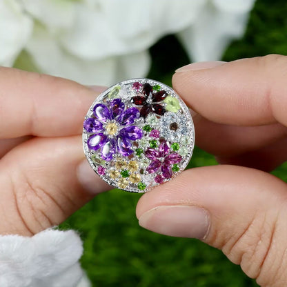 Multicolored Gemstones Flower Ring Amethyst Peridot Garnet Topaz Citrine