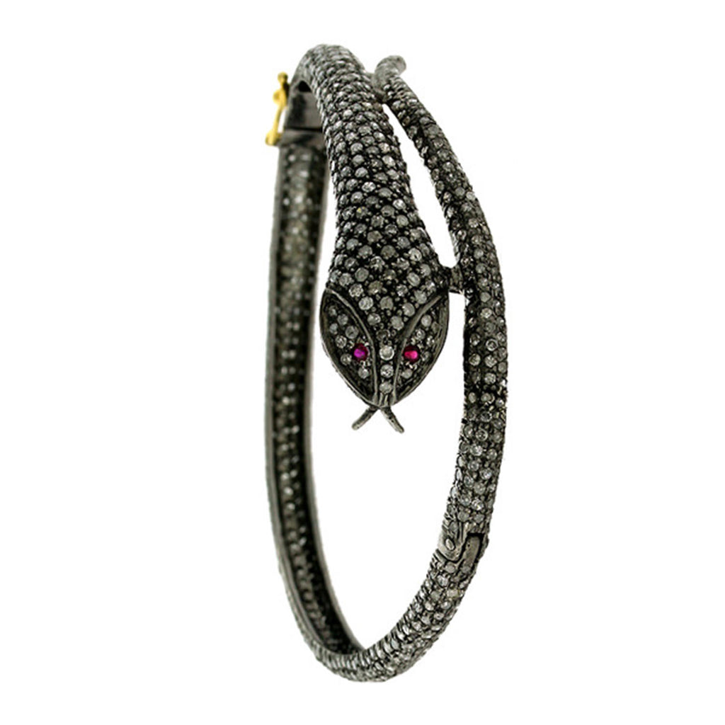 Black Diamond Pave Snake Bracelet Ruby Eyes 6.36 Carats