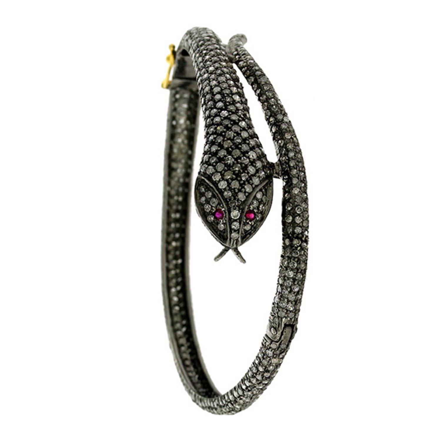 Black Diamond Pave Snake Bracelet Ruby Eyes 6.36 Carats