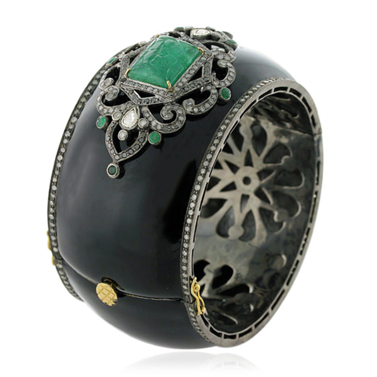 Antique Carved Emerald Bangle Bracelet With Diamonds 14.7 Carats