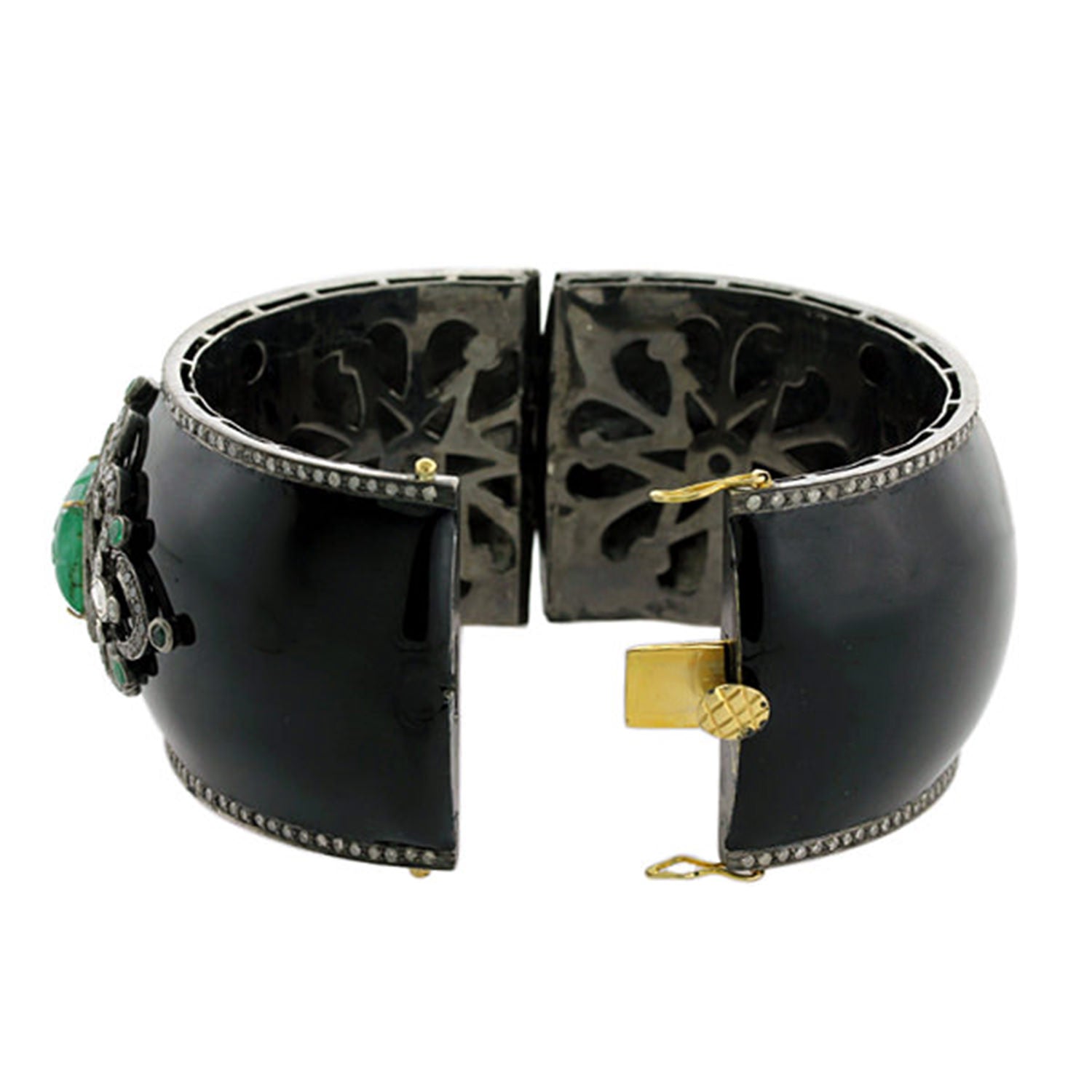 Antique Carved Emerald Bangle Bracelet With Diamonds 14.7 Carats