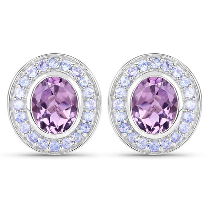 Oval Amethyst and Tanzanite Stud Earrings 5.50 Carats Total 18K Gold Plated