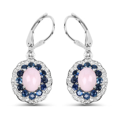 Natural Pink Opal & Blue Sapphire Dangle Earrings Rhodium Plated Silver