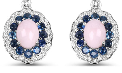 Natural Pink Opal & Blue Sapphire Dangle Earrings Rhodium Plated Silver