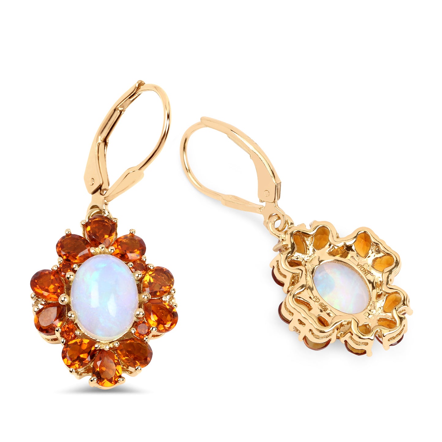 Natural Ethiopian Opal & Citrine Dangle Earrings 14K Gold Plated Silver