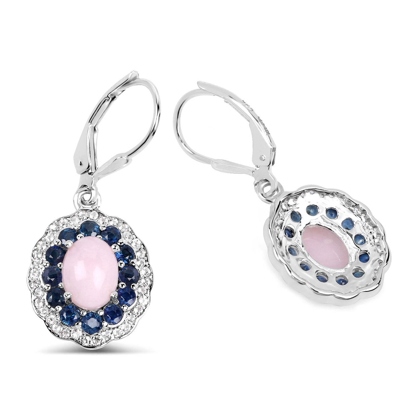 Natural Pink Opal & Blue Sapphire Dangle Earrings Rhodium Plated Silver