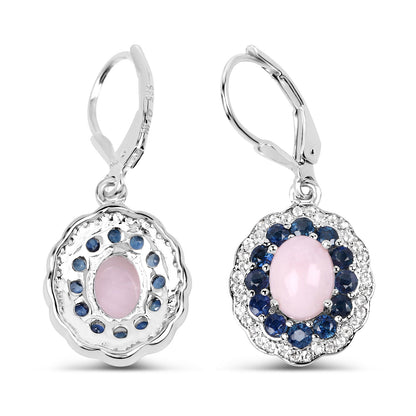 Natural Pink Opal & Blue Sapphire Dangle Earrings Rhodium Plated Silver