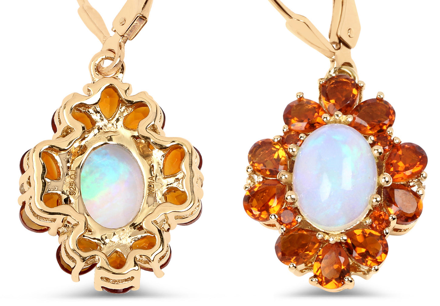 Natural Ethiopian Opal & Citrine Dangle Earrings 14K Gold Plated Silver