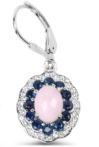 Natural Pink Opal & Blue Sapphire Dangle Earrings Rhodium Plated Silver